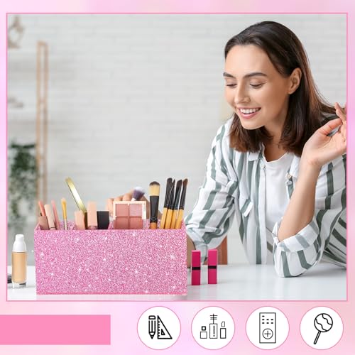 Image of Jetec Acrylic Glitter Pink Pen Holder 4 Compartments Bling Makeup Brush Stationery Organizer Pencil Holder for Desk Accessories Sparkly Gifts for Women Back to School Birthday Desktop Workplace Office