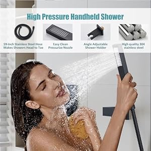 esnbia Shower System, Bathroom 12 Inches Rain Shower Head with Handheld Combo Set, Ceiling Mounted High Pressure Rainfall Dual Shower Head System, Shower Faucet Set with Valve and Trim, Matte Black esnbia Shower System Bathroom 12 Inches Rain Shower Head with Handheld Combo Set Ceiling Mounted High Pressure Rainfall Dual Shower Head System Shower Faucet Set with Valve and Trim Matte Black