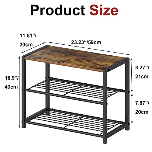 Yusong Shoe Rack, 3 Tier Shoe Organizer Storage For Closet Entryway, Narrow Slim Metal Shoe Shelves With Industrial Wooden Top, Rustic Brown And Black #TOP2