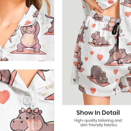 Image of Funny Pajamas for Women Set Print Satin Loungewear Pjs Short Sleeve Button Down Top and Shorts Sets Sleepwear XS-3XL