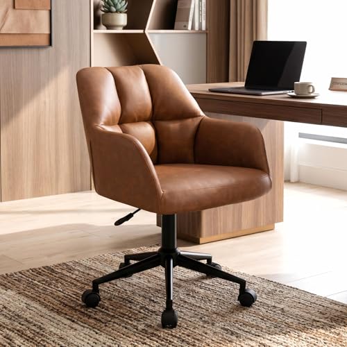 Image of HNY Modern PU Leather Office Desk Chair, Height Adjustable Comfy Swivel Vanity Make up Chair with Wheels for Living Room Home Office Computer, Brown