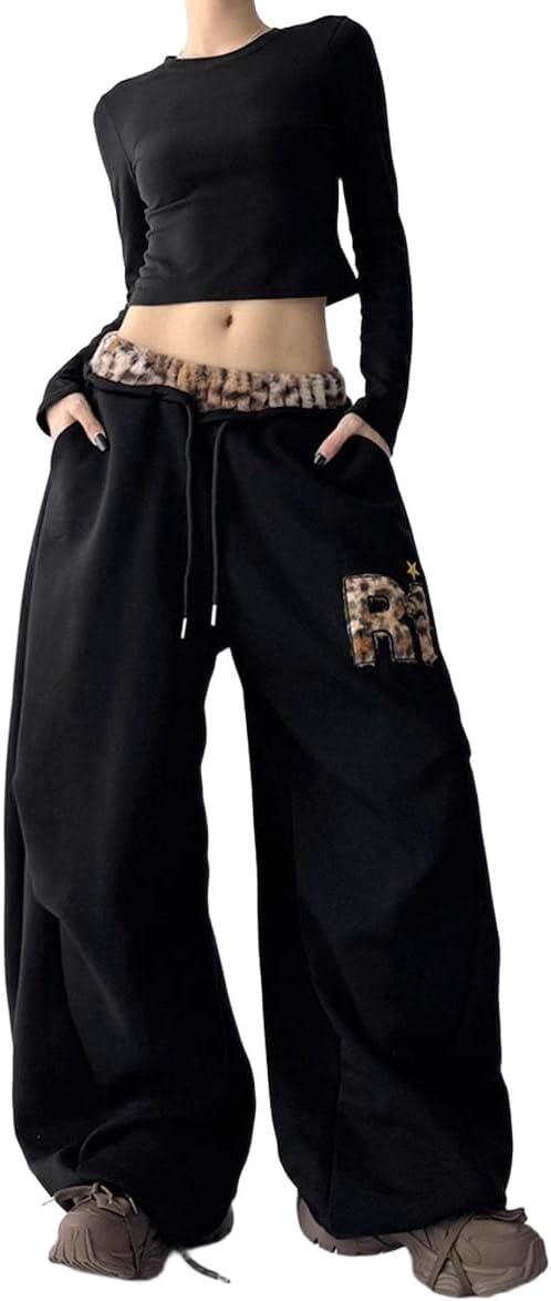 Y2K Wide Leg Sweatpants for Women with Leopard Trim, Baggy Cargo Joggers Graphic Lounge Pants for Streetwear & Hip Hop