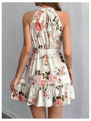 SOLY HUX Women's Elegant Floral Print Halter Dress Sleeveless Ruffle A Line Flowy Mini Dresses with Belt2