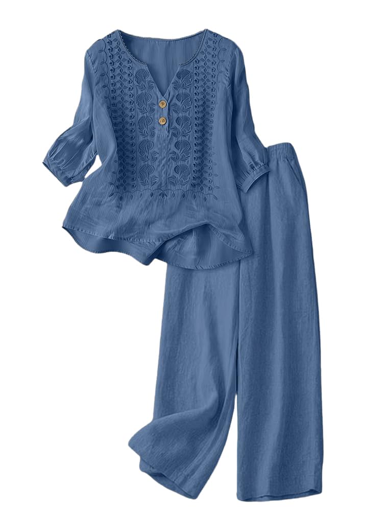 shownicer Ensemble Coton et Lin pour Femme Grande Taille Costume Été Deux Pièces Chemise et Pantalon 2 Pièces Set Loungewear Chic et Elegant Tenue