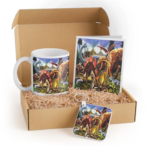 3dRose Dinosaur Gift Set for Kids – Mug, Keychain, and Greeting Card – Colorful Dinosaur Illustration – Perfect for Birthdays and Holidays