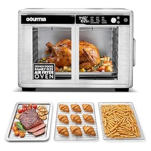 Gourmia French Door Air Fryer Oven – 37 Qt Large Capacity Convection Toaster Oven, FryForce 360°, Digital Display, 12 Cooking Presets, Dehydrate, Fits 13” Pizza, Dishwasher-Safe, Stainless Steel
