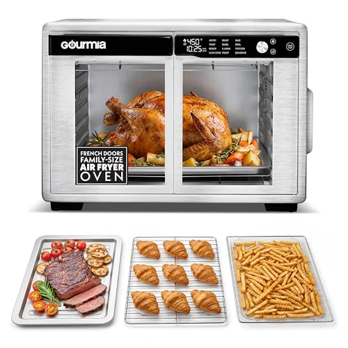 Gourmia French Door Air Fryer Oven – 37 Qt Large Capacity Convection Toaster Oven, FryForce 360°, Digital Display, 12 Cooking Presets, Dehydrate, Fits 13” Pizza, Dishwasher-Safe, Stainless Steel
