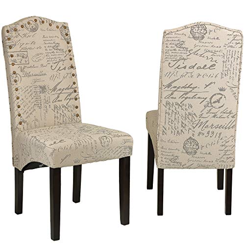 Cortesi Home Miller Dining Chair in Beige Script Fabric (Set of 2), Beige