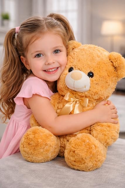 Image of Soft Stuffed Plush Teddy Bear for Kids Girls & Boys | Cute Brown Huggable Teddy Toy with Bow | Birthday, New Year, Valentine & Gift Item (13 Inch)