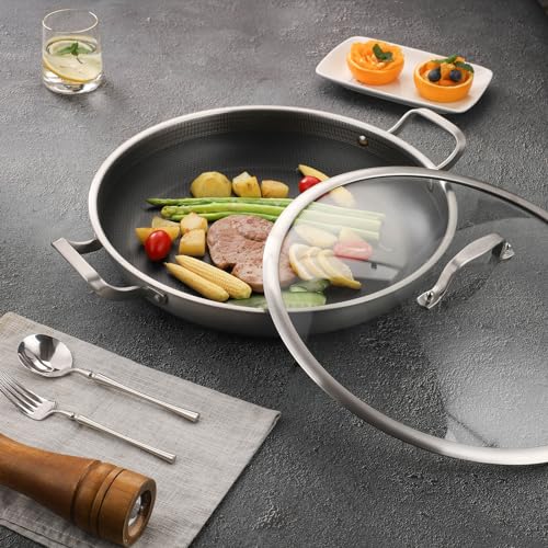 image for Yeksum Tri-Ply 14.5 Inch Stainless Steel Paella Pan,12 Servings Paella