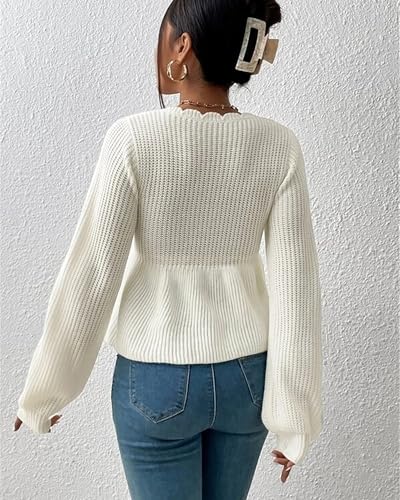 Image of BAIMORE Women's Casual Deep V Neck Drawstring Tie Front Long Sleeve Ruffle Hem Pullover Sweater