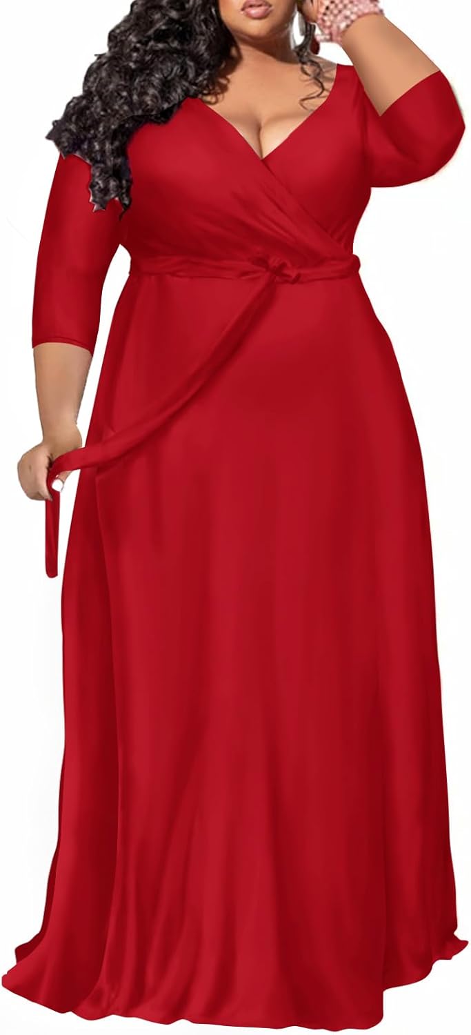 Plus Size Dress for Women - 3/4 Sleeve V-Neck Maxi Dress for Women with Belt and Pockets (2XL-6XL - Image 2