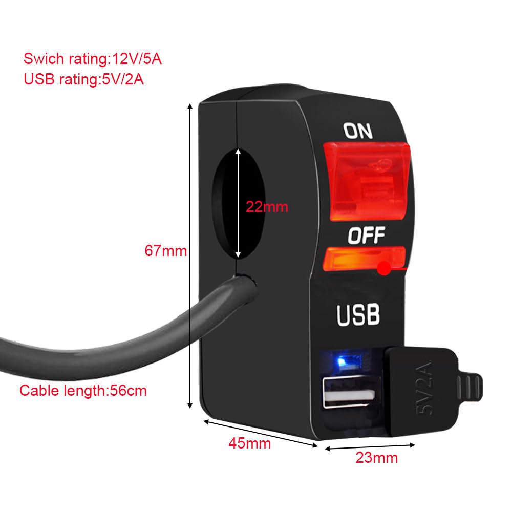 Gebildet 22mm 12V 5A LED interruttore a pulsante on off con caricatore USB 12V 2A per moto