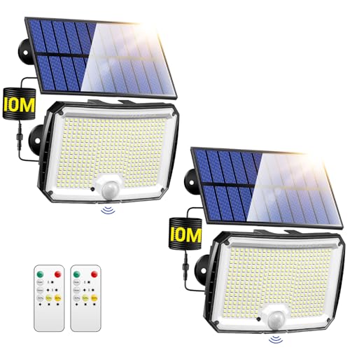 PIKOY Luces Solares Led Exterior Jardin, 【2 Paquete 318LED/10M/5Modos】 Luz Exterior con Sensor de Movimiento, 2200mAh 8-12 Horas de Uso IP65 Luces Solares Jardin, Lampara Solar Interior Luz Exterior