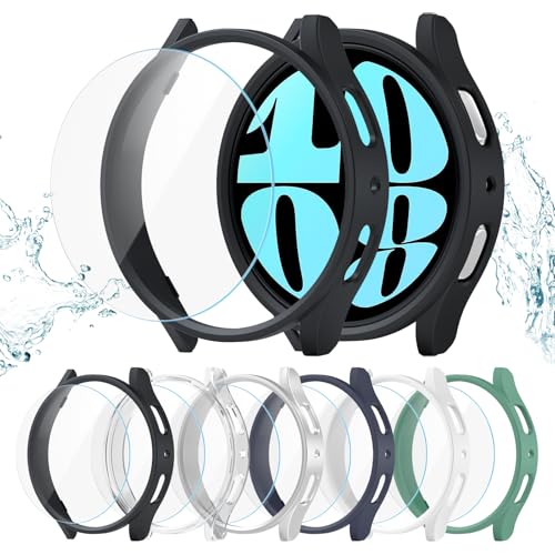 Landhoo 6+6 Pack for for Samsung Galaxy Watch 6 44mm Screen Protector Case, Hard PC Bumper + HD Anti-Fog Tempered Glass Protective Film, Face Cover Set for Galaxy Watch 6 44mm Accessories