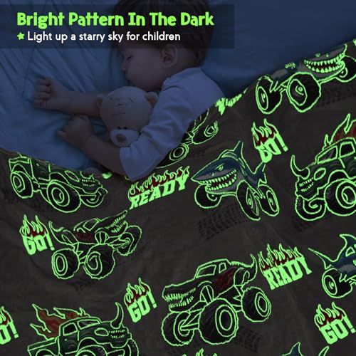 Image of Truck Shark Glow in The Dark Blanket Truck Toys Gifts for Kids Boys Teens Age 1-16 Years Old Toddlers Birthday Christmas Halloween Excavator Construction Tractor Car Throw Room Decor Grey 50 inchx 60 inch