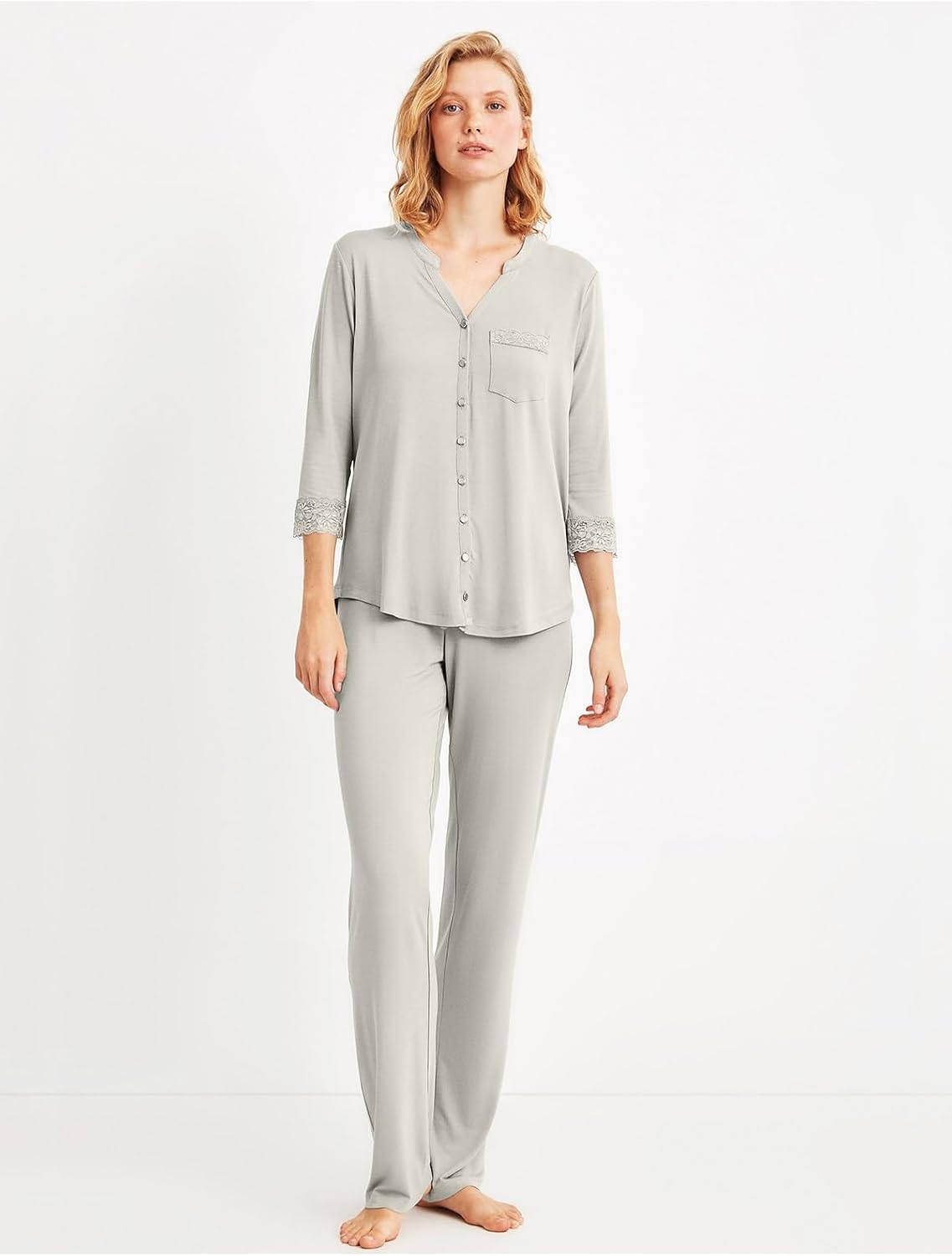 SODEF Maternity Pajama Set Viscose Blend Long Sleeve V-Neck Pants Light Greenight Green, S - Multiple Options