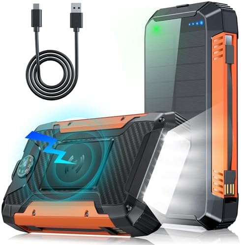 49800mAh Power Bank Solar Cargador Portátil: PD30W Batería Externa de Carga Rápida, Wireless Cargador Solar 3 Salidas y 2 Entradas, Bateria Solar Portatil Linterna incorporada (Negro y Naranja)