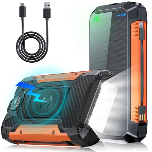 49800mAh Power Bank Solar Cargador Portátil: PD30W Batería Externa de Carga Rápida, Wireless Cargador Solar 3 Salidas y 2 Entradas, Bateria Solar Portatil Linterna incorporada (Negro y Naranja)