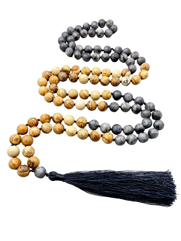Japa Mala 108 perles de lithothérapie en jaspe naturel et larvikite AAA
