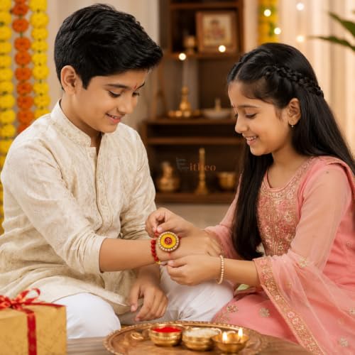 Image of EITHEO OM Rakhi for Brother with Red Beads & Crystal Border, Traditional Handmade Raksha Bandhan Rakhi, Adjustable Sacred Thread with Roli Chawal, Chandan & Mishri (Pack of 1)