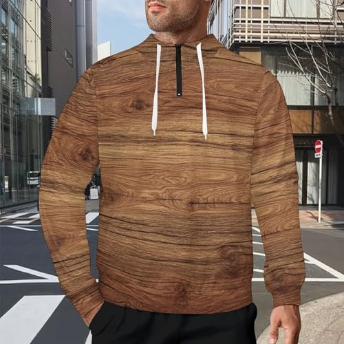 Brown Wooden Flooring Men's Quarter Zip Drawstring Hoodies Long Sleeve Sweatshirt Casual Pullover2