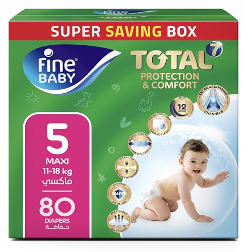 Fine Baby Total 7 Diapers Size 5 Maxi (1118 kg) 80 Count. Superior Protection & Comfort Extra Absorbent Improved Formula