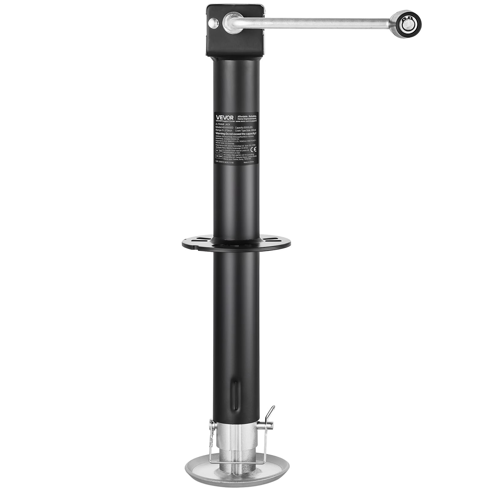 VEVOR Gato para Remolque Tipo A, Capacidad de 2267 kg, Carrera Vertical de 381 mm, con Pie Ajustable de 7 Niveles, Casquillo para Taladro, para Remolques de Caravanas, Utilitarios y de Yates
