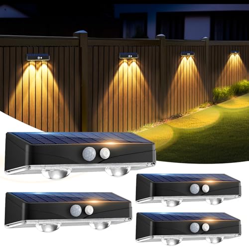 kolpop Solarlampen für Außen Wand mit Bewegungsmelder, 3 Modi, Solar Wandleuchten, IP65 Wasserdicht, 3000K LED Solarleuchten für Garten Zaun beleuchtung Balkon Terrassen Veranda, 4 Stück