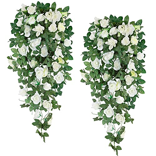 Helsens 2pcs Artificial Hanging Plants with Flowers Fake Ivy Plants Fake Hanging Plants Fake Leaves Greeny for Wedding Indoor Outdoor Decoration (White)