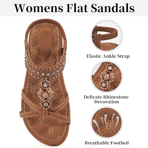 Ecetana Womens Flats Sandals Dressy Summer Boho Comfortable Casual Ankle Strap Non Slip Rhinestone Shoes3