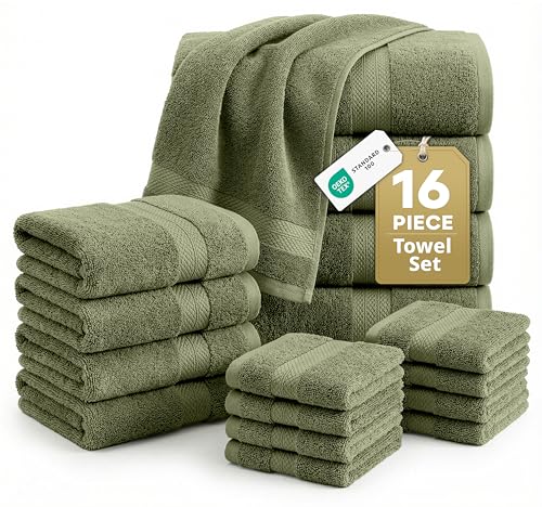 LANE LINEN Luxury Cotton Bath Towel Pack of 16 - Softer, Highly Absorbent & Durable - 4 Bath, 8 Wash cloths, 4 Hand Towels for Bathroom - Premium Look, Spa Quality, Solid Dyed Towels - Oil Green