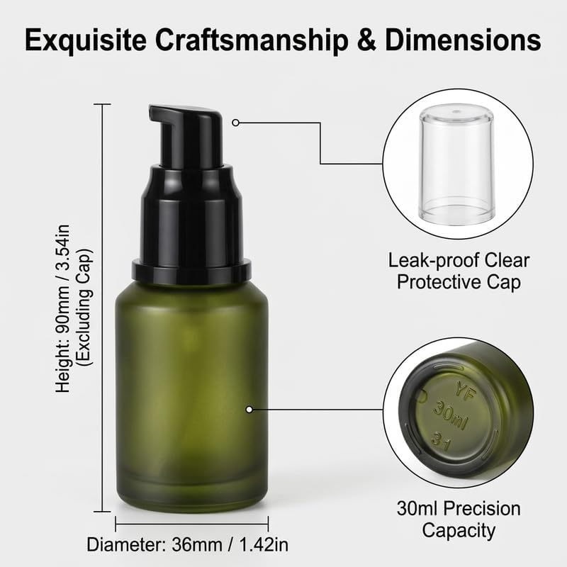 30ml Glass Pump & Spray Bottles Set of 4, Matte Olive Green UV-Protected Travel Containers for Skincare, Essential Oils, and Cosmetics (pump bottle)