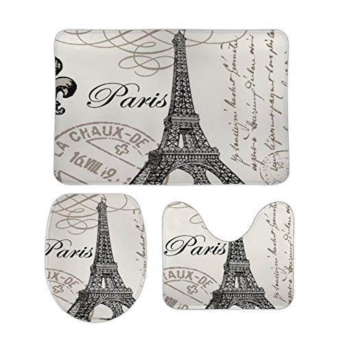 Tamengi ow0buv4th75v 3PcsSetVintage Paris Bathroom Rug Set Anti-Slip Absorbent Bathroom Rug Plus U-Shaped Toilet Mat Plus Toilet Seat Cover, 15 x 25 inch, White-Style2