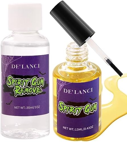 Spirit Gum Adhesive and Remover Kit Makeup Spirit Gum & Remover Combo Kit 13ml Spirit Face Glue+30ml Sfx Makeup Remover for Skin Professional Glue for Halloween Performance, Stage, Cosplay, Special FX