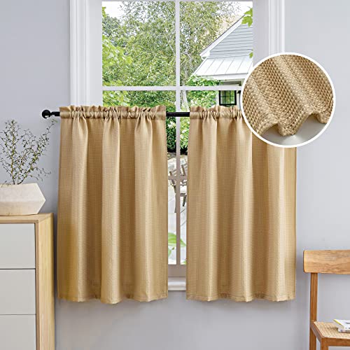 Beda Home-Waffle-Textured-Tier-Curtains for-Small-Kitchen-Window, Water-Repellent-Rod-Pocket-Short-Curtains-for-Bathroom, Taupe, 36 inch x 36 inch, 2 Panels