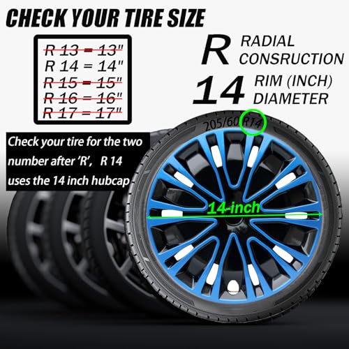 Image of Hubcap Wheel Cover Replacement R14 Hub Caps Universal-Fit Steel Wheel Rim Cover ABS Material Exterior Accessories for Car Truck SUV -Set of 4(14-inch,Blue-Black)