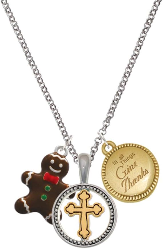 Delight Jewelry Enamel Gingerbread Boy Two-tone Give Thanks to God Cross Pendant Necklace, 23"