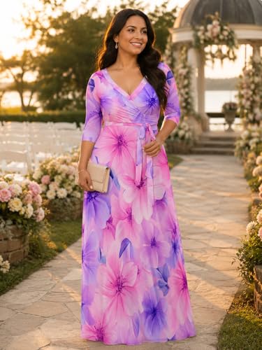 Image of Plus Size Maxi Dress for Women V Neck 3 /4 Sleeve Wrap Dress