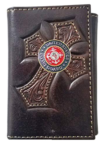 Custom United States Coast Guard Nocona Cross Leather Trifold Chocolate Wallet