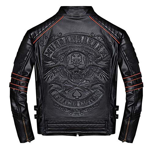 QOCE Chaqueta De Cuero Retro Piel de Vaca Avanzada Bordado a Mano Cómodo y Suave Slim Fit para Hombres, Ciclismo, Moto, Cross Country,XXL