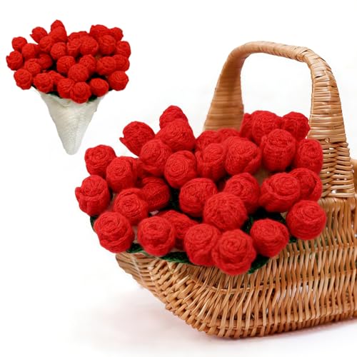 Tinkllicoy Finished Flower Bouquet Blanket Crochet Rose Knitted Throw Blanket Crochet Flowers Romantic Gifts for Women Mom Sister Wife Home Decor (Red Rose 23 inch)