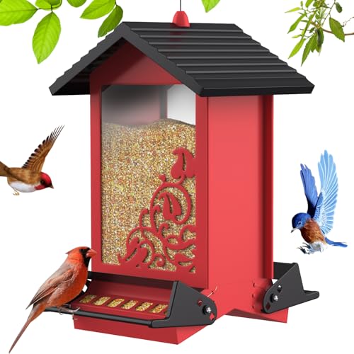 Squirrel Proof Bird Feeder for Outdoor Hanging,Metal Bird Seed Feeder with Bilateral Weight Activated Perches,5LB Large Capacity Wild Bird Feeders for Outside,Easy Refill and Clean,Red