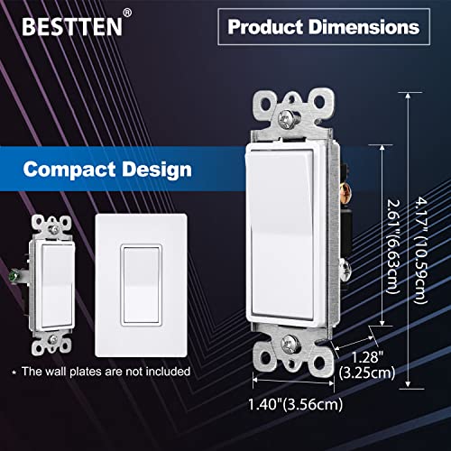 [10 Pack] Bestten Single-Pole Snow White Decorator Wall Light Switch, 15A 120V, On/Off Rocker Interrupter, Ul Listed #TOP3