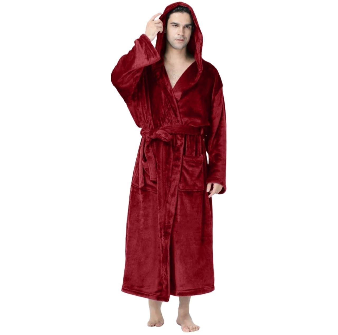 Szlafrok Męski Szlafrok Ultra Przytulny Polarowy Dla Mężczyzn Pluszowy Kaptur Z 2 Kieszeniami Odzież(Wine Red,5XL)
