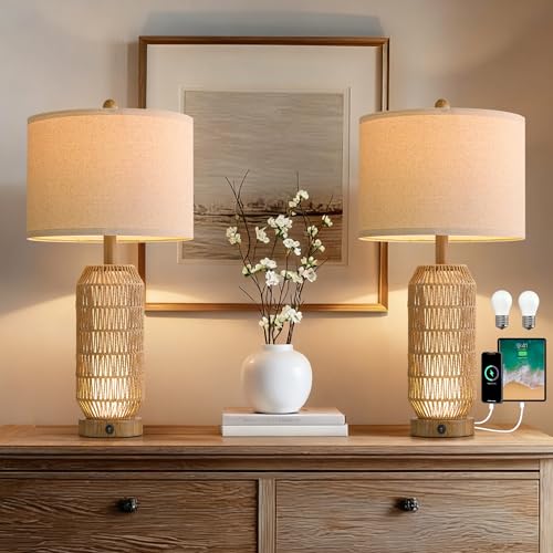 OYEARS 25" Table Lamps Set of 2 with Night Light,Bedside Lamps for Bedroom,Boho Lamps with USB C+A Charging Ports,Farmhouse Table Lamp with Rattan,Frosted Glass,Linen Shade (Wood Grain,Bulb Included)
