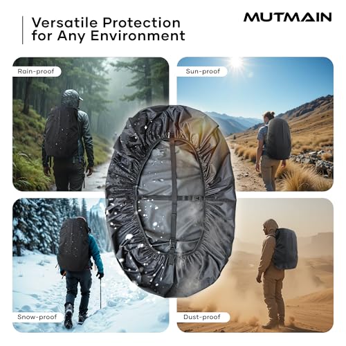 Image of MUTMAIN Waterproof 80L to 100L Rain Cover for Rucksack Backpack Bag, Suitable Bags Cover for Hiking, Camping & Trekking XXL Bag, Two Side Adjustable Buckle and Elastic Protect from Rain (Black)