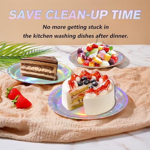 Image of Iridescent Disposable Paper Plates, 7'' Dessert Cake Plates, 50 Count Bulk | Colored and Sturdy Durable Party Plates, for Birthday, Baby & Bridal Showers, Halloween, BBQ, Weddings，for Cake & Snacks