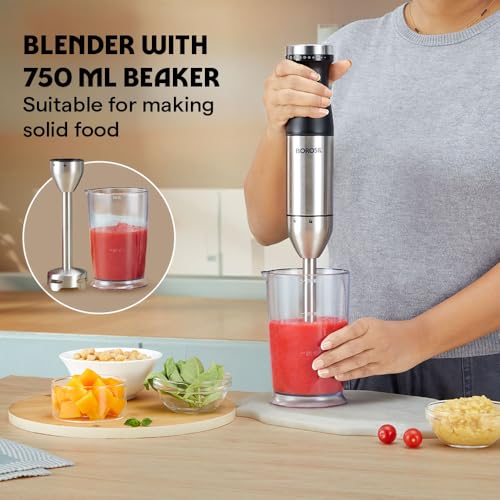 Image of Borosil SmartBlend Hand Blender | BIS Approved Made in India | Powerful 800W DC Motor | 750 ml Beaker | Variable Speed Control | SS 301 Blade & Detachable Steel Blending Rod | 2 Years Warranty