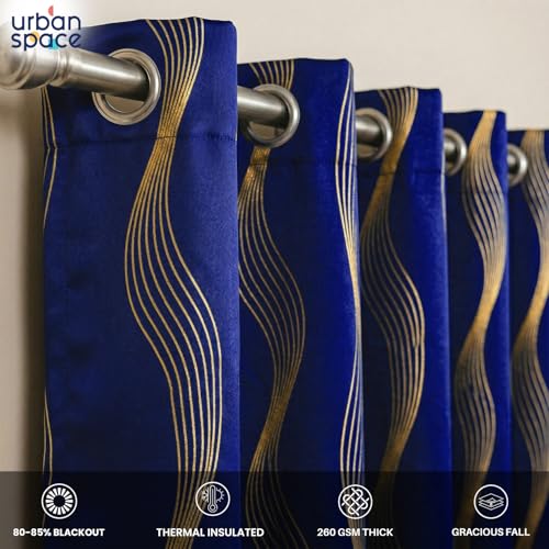 Image of Urban Space 80-85% True Blackout Curtains for Door, Gold Foil Printed Blackout Curtains, Decorative Door Curtain Eyelet with Tieback, 1 Piece Curtain for Living Room(Double Wave Navy Blue, 7 Feet)